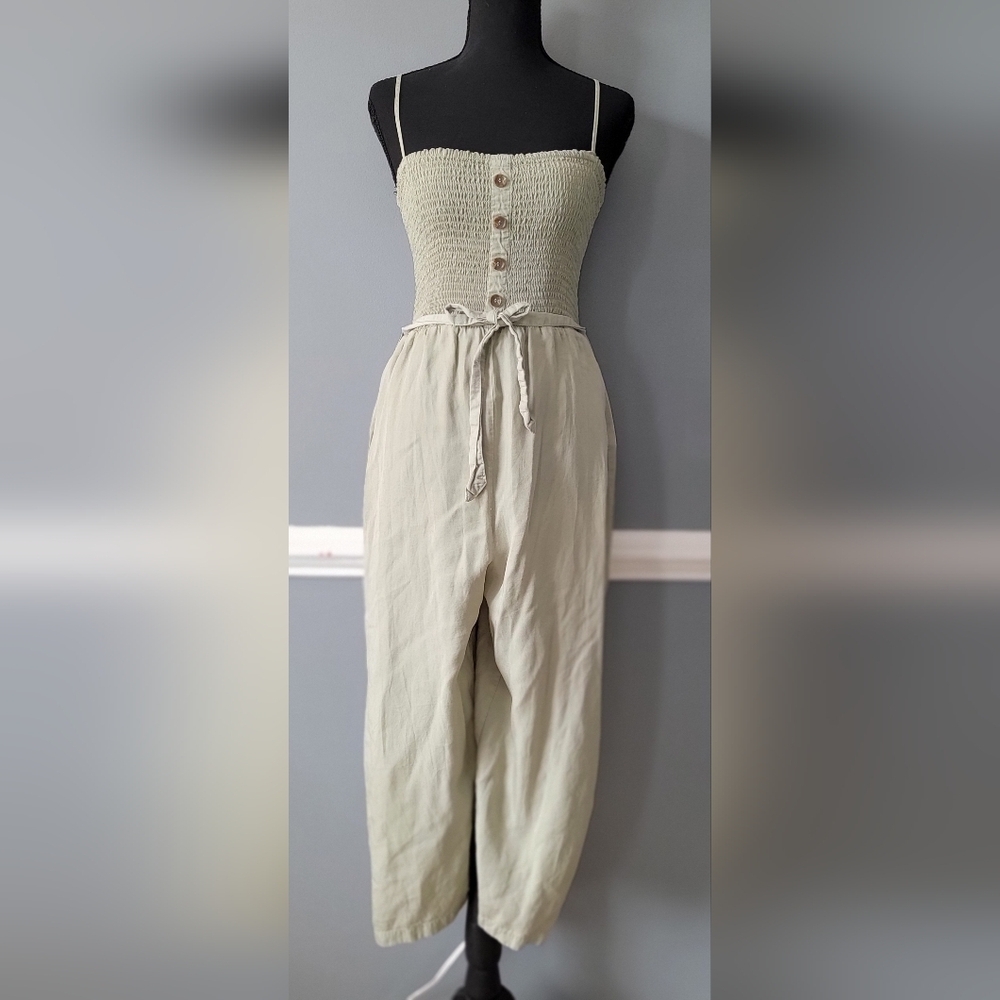 Love Tree Sage Green Smocked Button-Front Jumpsuit